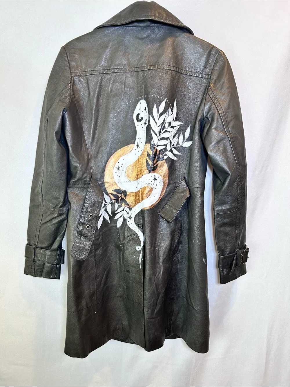 Y2K Le Château Black Leather Trench Coat Painted Back Graphic 90’s Grunge Size S - Picture 12 of 14